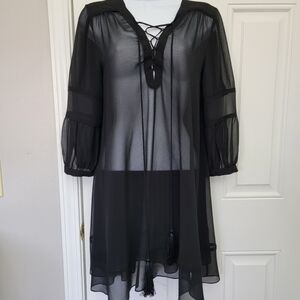 Chelsea 28 Sheer Black Lace Up Front 3/4 Sleeve Nightgown Tassels Size Small